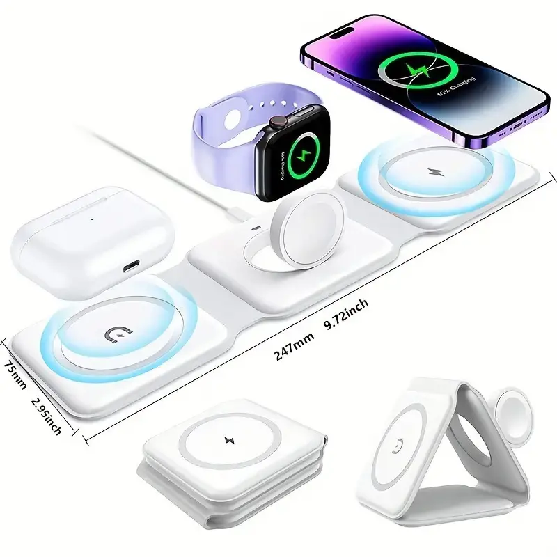 3-In-1 Foldable Wireless Charger For IPhone 12/13/14 Pro Max, For Airpods Pro, For IWatch. Portable Foldable Fast Charging Dock Magnetic Wireless Charger Folding Qi Wireless Charger Stand 15W Android Device