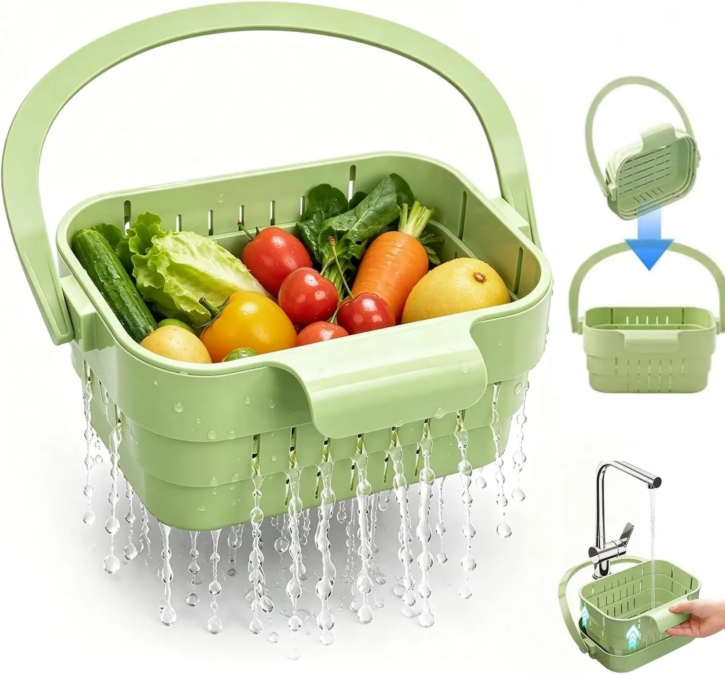 Foldable hanging sink drain basket – a retractable kitchen strainer basket with a flip-top lid, a space-saving food strainer, and a multi-functional faucet storage rack; drains fruits, vegetables, and tableware (green).