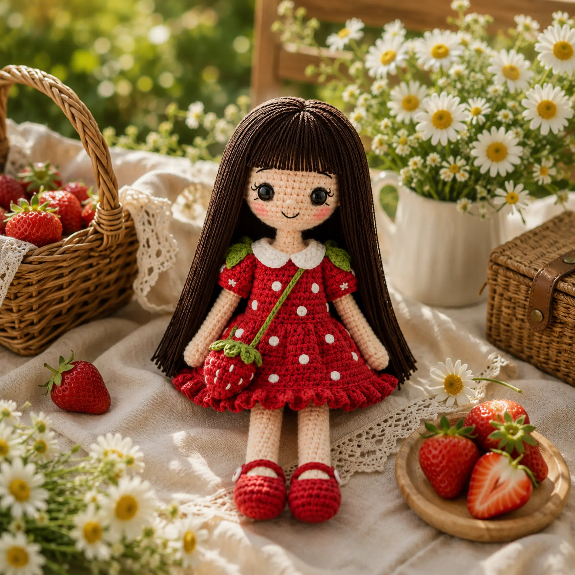 Handmade Crochet Strawberry Doll | Personalized Amigurumi Girl Plush | Cute Cotton Doll Gift for Girls, Nursery Decor & Birthday Gift