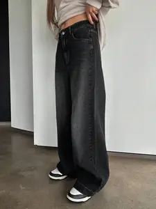 Y2k Vintage Solid Wide Leg Jeans - Fashion Stonewash Bootcut Jeans - Grunge Denim for Women - Bell Bottoms Dark Grey  Jeans