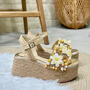 IVY Sandal Platform Shoe with 8cm Height Featuring Floral Embellishments and Beads Elegant Party Footwear