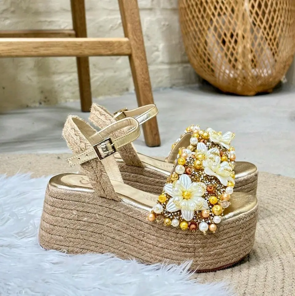 IVY Sandal Platform Shoe with 8cm Height Featuring Floral Embellishments and Beads Elegant Party Footwear