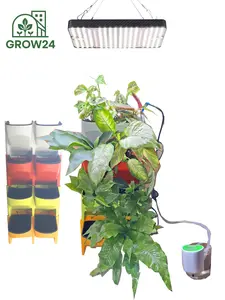 GROW24 Modern Green Wall Kit with Wall-Mounted Vertical Planter Self-Watering System & Lights Four Multi-Color Planters 8 Sub-Planter Houseplants Herbs Garden Size 23x10x5 Easy Care Stackable Design