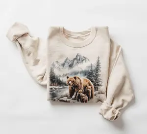 Retro Grizzly Bear Mama & Three Cubs Mountain Scene Sweatshirt - Nineties 90s Vintage Brown Bears Outfit - Unisex Crewneck Sweatshirt