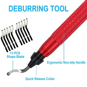 Premium Deburring Tool with 10 Pcs High Speed Steel Swivel Blades, Deburring Tool for Metal, Resin, PVC Pipes, Plastic, Aluminum, Copper, Wood, 3D Printing Burr Removal Reamer Tool Red