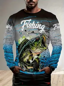 Men's Fishing Theme Long Sleeve T-Shirt, 3D Print Big Mouth Fish Design, Casual Outdoor Sports Shirt, Fitted Graphic Athletic Tops for All Seasons, Animal Pattern Sportswear