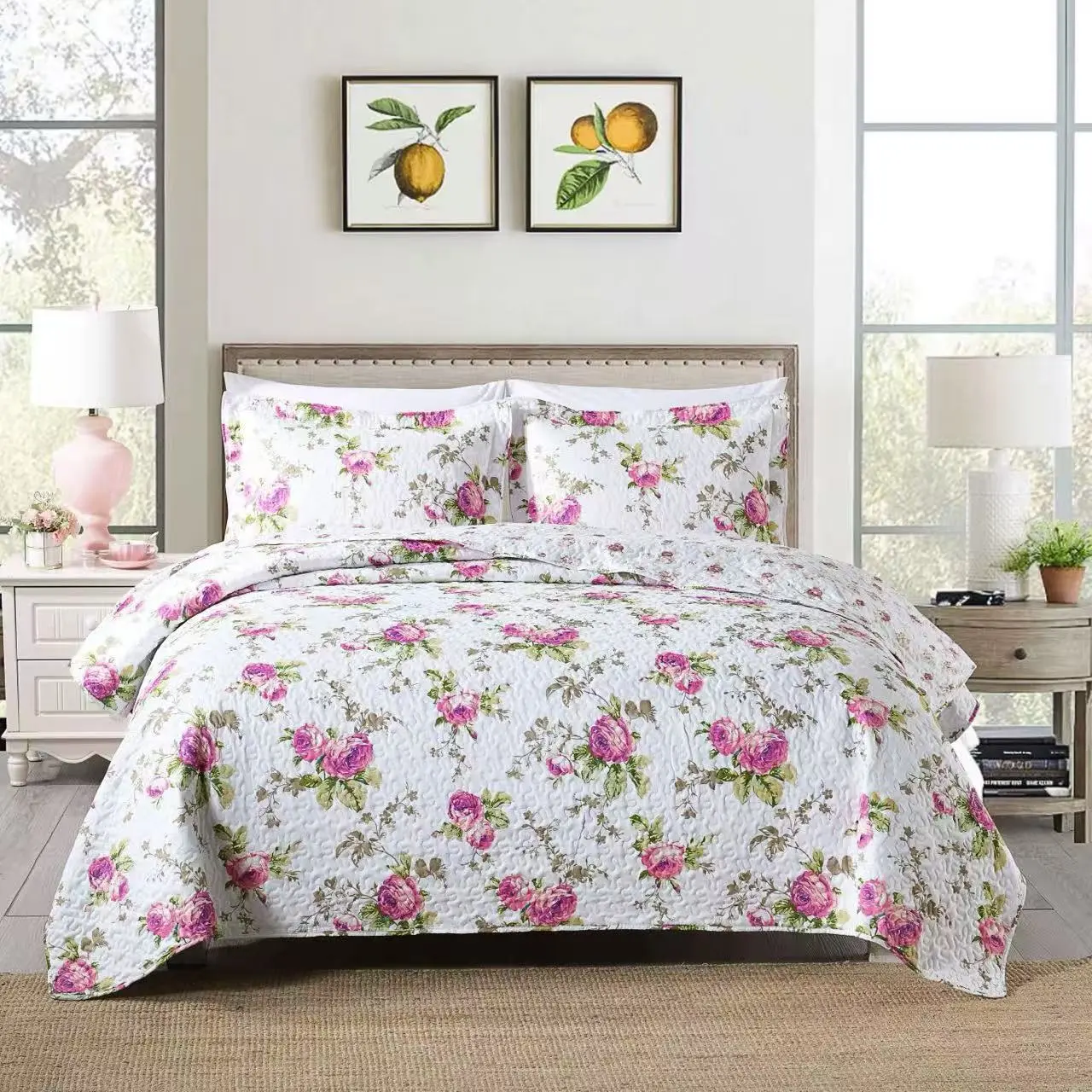 3-piece quilted comforter set with a lightweight floral print. 100% polyester Perfect gift.