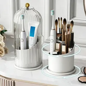 360° Spinning Toothbrush Makeup Tool Organizer Dustproof Anti-Slip Drainage Design with 3 Slots Transparent Premium Plastic for Bathroom Vanity Countertop Ideal Gift Concealed Brush Holder