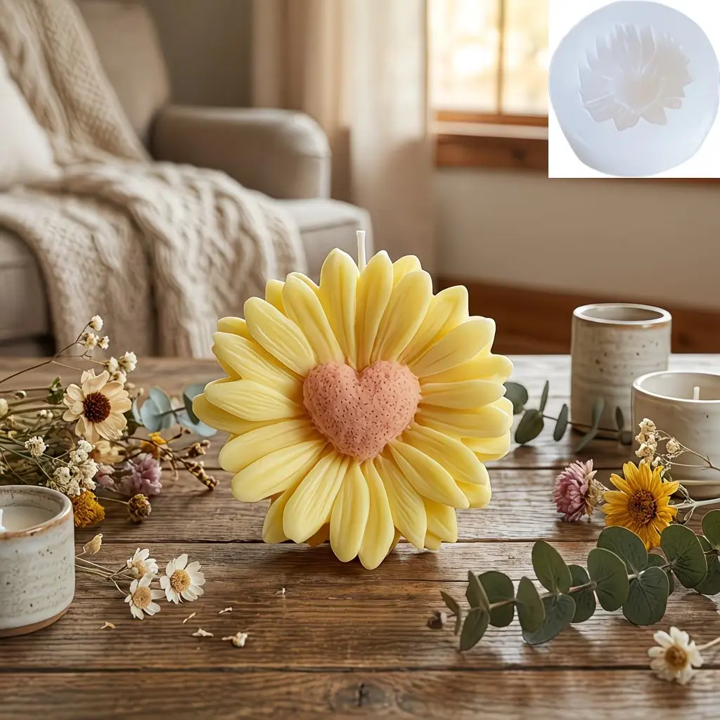 Heart-Shaped Chrysanthemum Scented Candle Silicone Mold, Soap Making Supplies DIY Chrysanthemum Diffuser Soap Stone Material Home Decor Silicon Mould Crafts