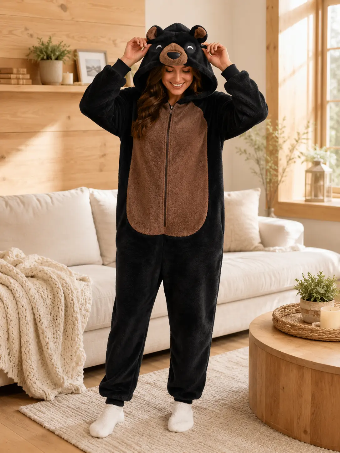 Adult Black Bear Soft Fleece Onesie, Hooded Long Sleeve 1-Piece Jumpsuit, Animal Cosplay Sleepwear, M, Cute Look, All Seasons