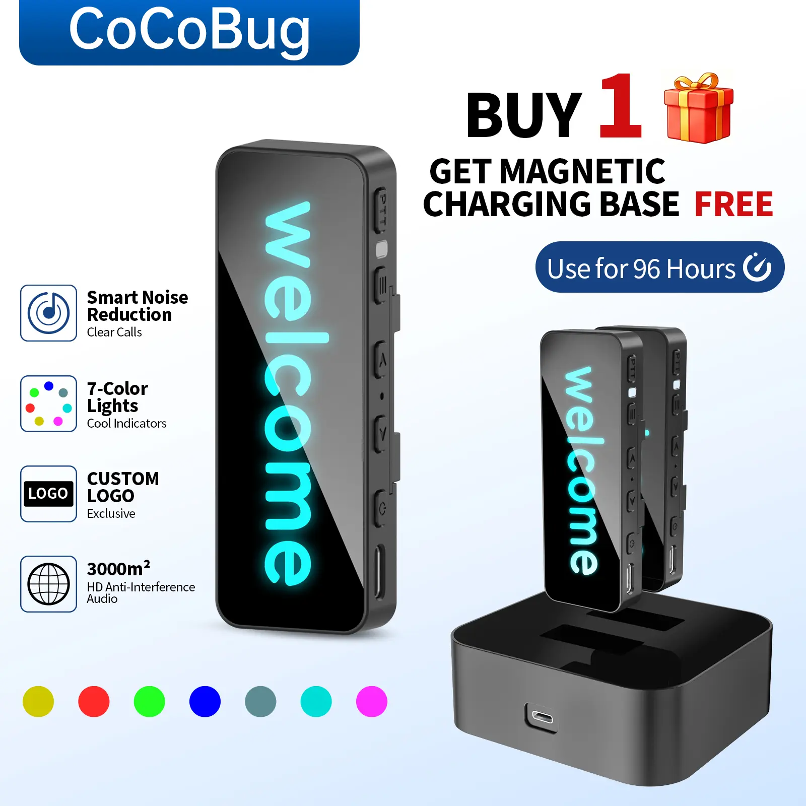 CoCoBug Mini Walkie Talkie - Business 2-Way Radio with Clip-On Design, Magnetic Fast Rechargeable Batteries, HD Clear Audio, 1-5km Range, Auto Pairing, 7 RGB Lights Modes, Custom Logo Yes, Noise Cancellation, Long Battery Life for Restaurant, Warehouse