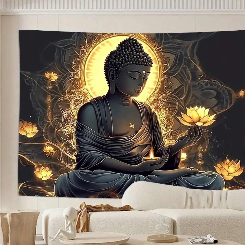 1PC Polyester 2D Flat Backdrop Buddha Lotus Meditation Tapestry - Durable Decorative Tapestry, Home Textile Wall Decor, Decoration Items for Living Room Meditation Space, Birthday Festive Wall Hanging Mural, Tapestry Wall Mural, One-Piece