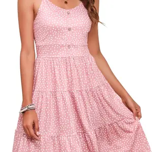 YATHON Women's summer dresses, casual style, for the beach, sleeveless, with thin straps, with buttons, with ruffles, pleated