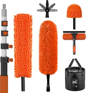 20FT Reach High Ceiling Duster Kit, Window Cleaning kit with 3-12FT Extension Pole, Fan Duster for Ceiling Fan Blades, Microfiber Feather Duster, Window Squeegee, Bucket and Cobweb Duster