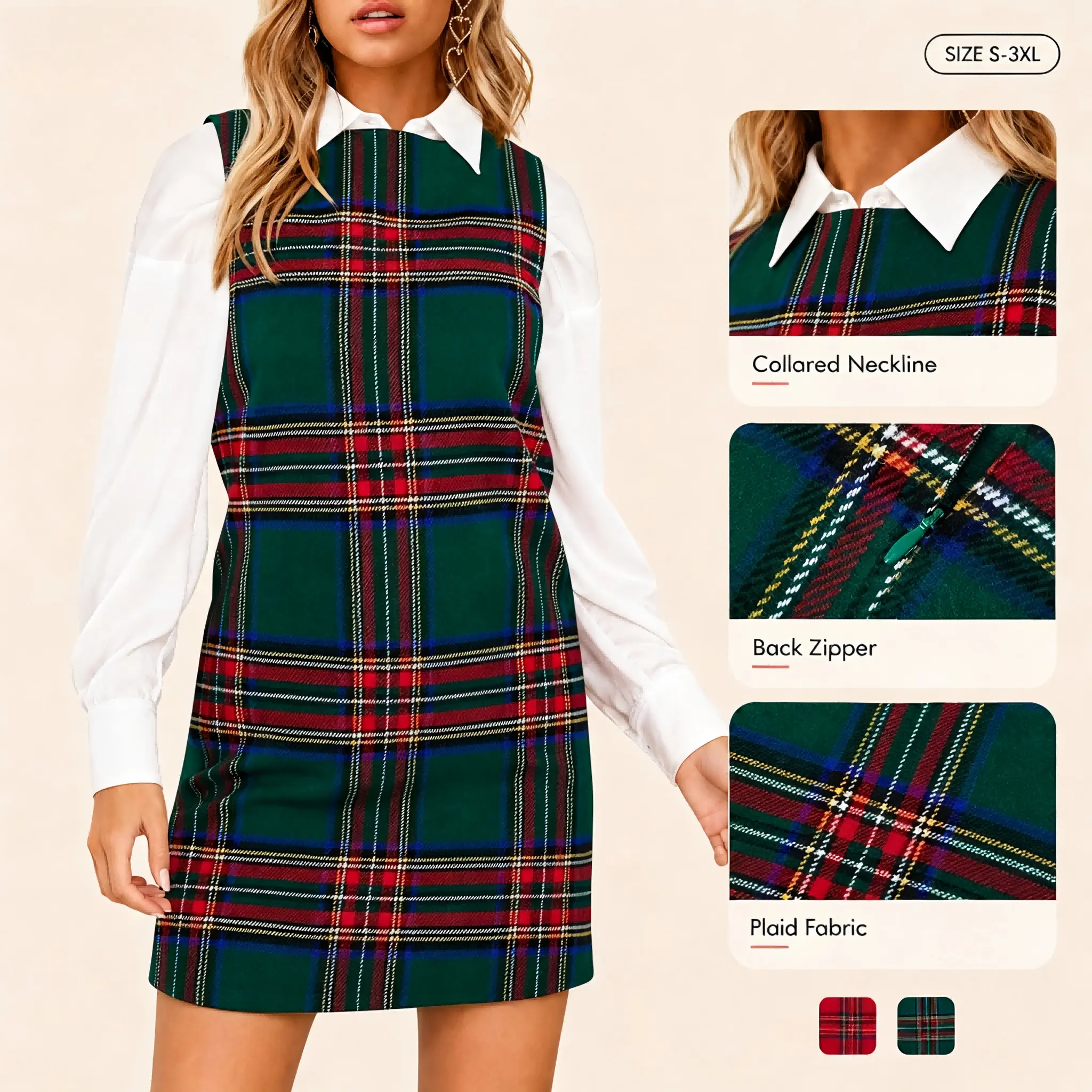 Imily Bela Women's Plaid Christmas Dress Mini Sleeveless Round Neck A Line Short Xmas Party Dresses
