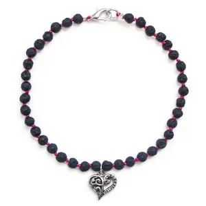 Lava Stone Heart Charm & Hand-Knotted Anklet with Lobster Clasp - 3 Sizes Available, Grounding Stone for Strength and Endurance