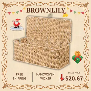 BROWNLILY Rattan Cable Management Box and Wicker Cord Organizer, Toilet Tank Top Shelf Rattan Decor Cable Hider for Under Desk, TV & Home Office Storage, with Lockable Lid, Baby Proof, Pet Proof, Power Strip & Outlet Cover