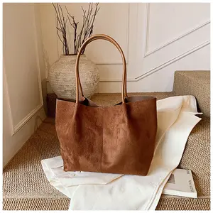 2026  Large Capacity Vintage Suede Tote Bag - Soft Slouchy Shoulder Hobo Bag for Women, Casual Brown Faux Leather Shopper for Work & Schoo