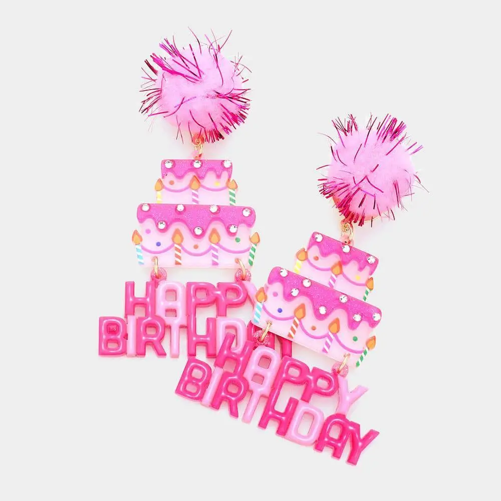 Happy Birthday Pom Pom Glittered Resin Cake Earrings