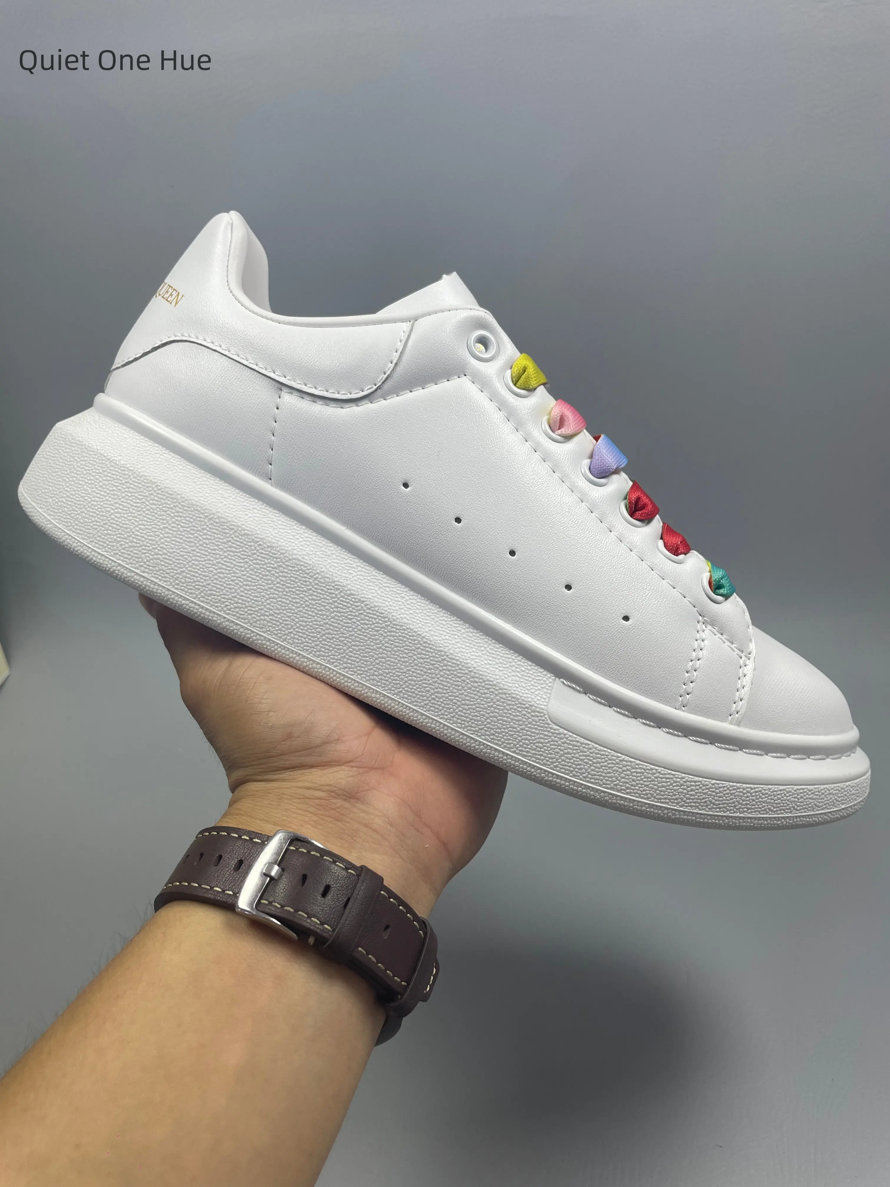 White Synthetic Leather Chunky Platform Sneakers with Colorful Rainbow Laces Unisex Elevated Casual Walking Trainers