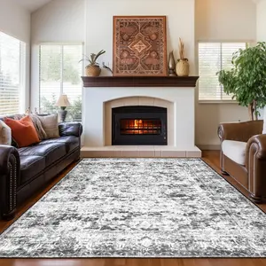 Light Grey Washable Vintage Faux Wool Rug , 0.3in Low Pile Non-Slip Carpet | 4x6, 5x7, 6x9, 8x10, 9x12 Feet for Bedroom, Home Office, Kids Room & Bedside