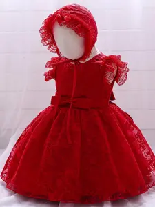 Toddler Girl's Floral Lace Bow Decor Tulle Dress with Hat Toddler Outfit, Elegant A Line Dress for Party Wedding Guest, Kids Clothes for All Seasons Baby Clothes Girl