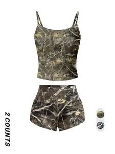 Women's Camo Print Cami Crop Top & Shorts Two-Piece Set, Camouflage Casual Loose Sleeveless Top & Shorts for Summer, Ladies Clothes for Daily Wear