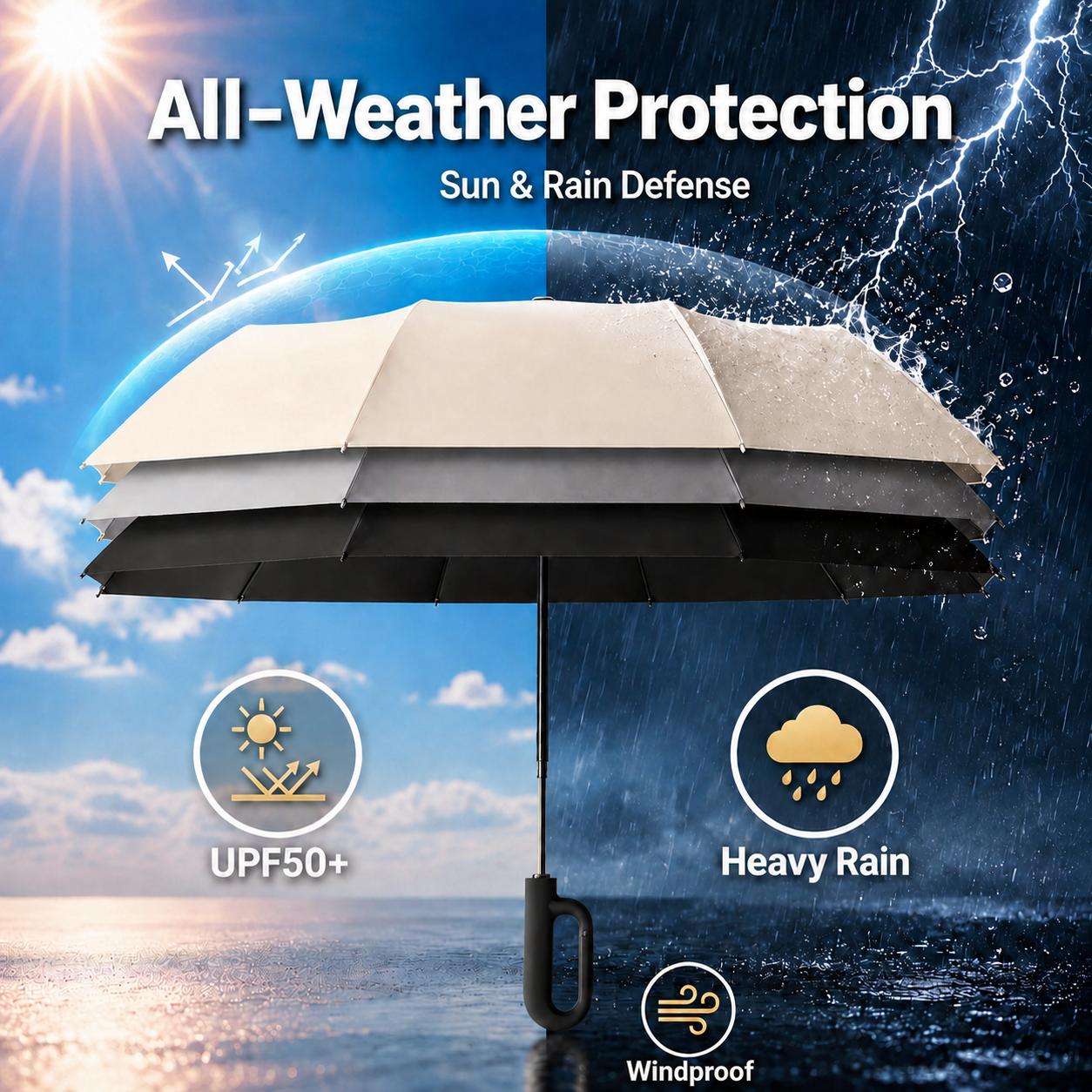 14 in Automatic Open & Close Folding Rain & Sun Umbrella, Ring Handle, Waterproof Windproof Lightweight Portable for Men & Women