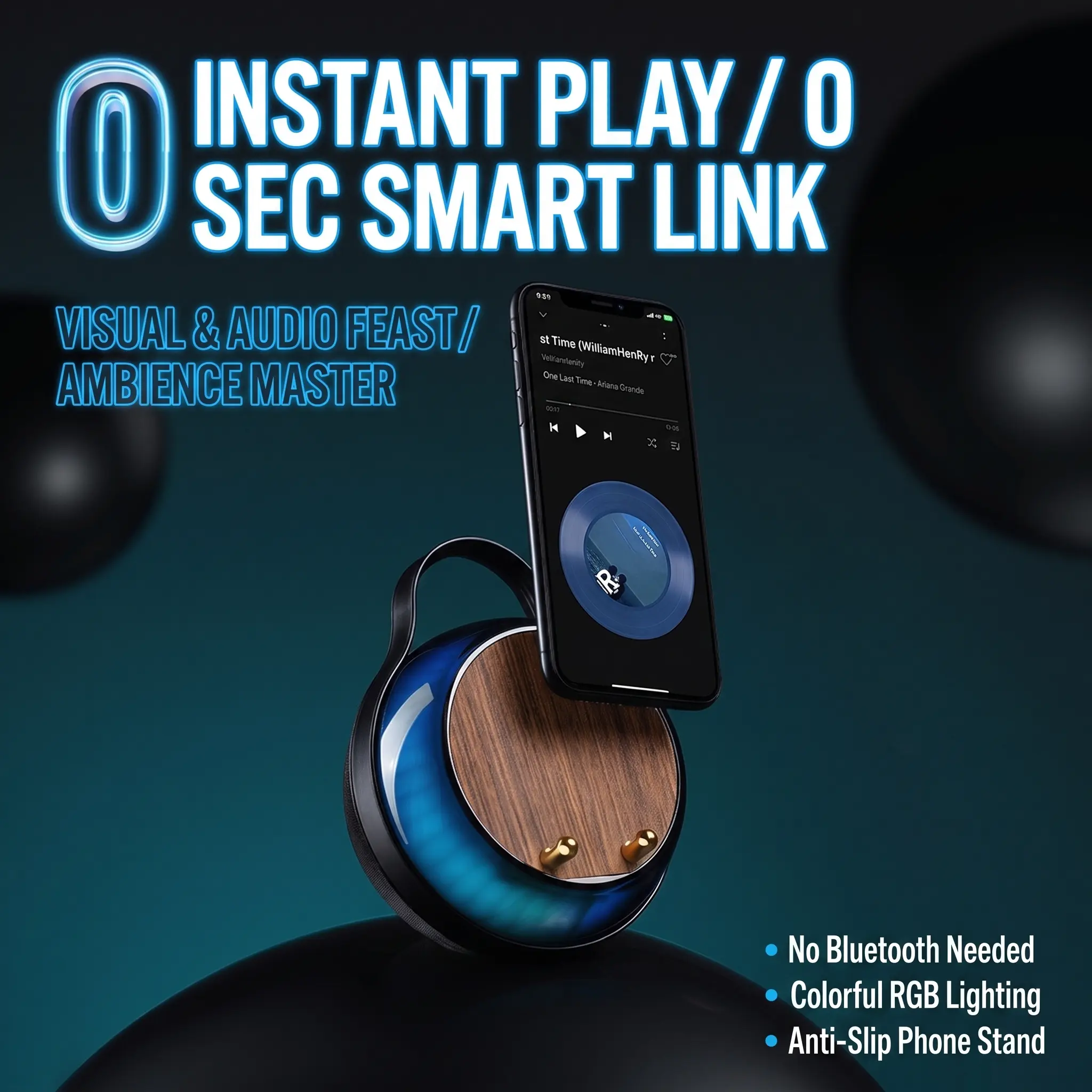 Smart Induction Bluetooth Speaker — Instant Playback (No Pairing Required) — Dynamic RGB Lighting, Non-Slip Phone Stand, Hi-Fi Sound Quality, Portable Holiday Gift