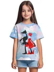 Minimalist Little Red Riding Hood and Wolf Silhouette Digital Printing Summer Fashion Girls' Clothing, 100% Polyester Designed for Energetic Children, Cute Girls' Short-Sleeve T-Shirts, Summer Casual Children's Clothing, Outdoor Sports T-Shirts