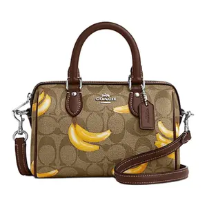 COACH Track 18 Classic Logo Banana Print Small Leather Tote Shoulder Crossbody Bag for Men and Women in Brown