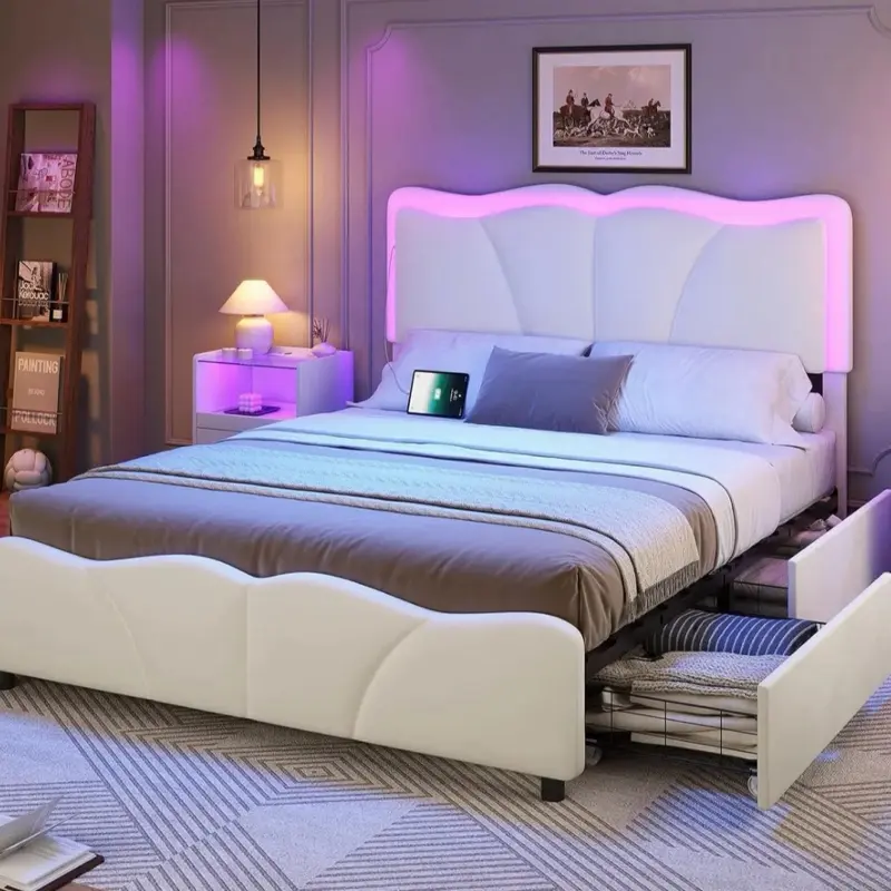 Queen Bed Frame with Drawers Velvet Upholstered Platform Bed with LED Lights