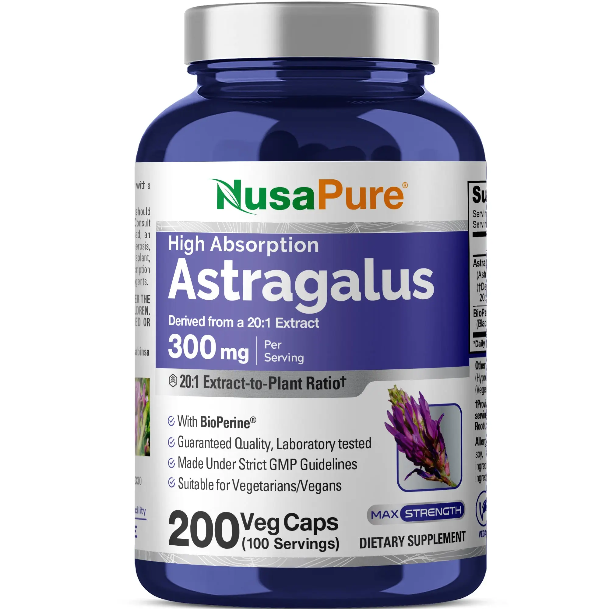 NusaPure Astragalus 20:1 Extract Dietary Supplement - 300 mg Per Serving, 200 Veggie Capsules, Natural Plant-Based Vegan Immune Support, Blood Pressure Control, Non-GMO, Bioperine