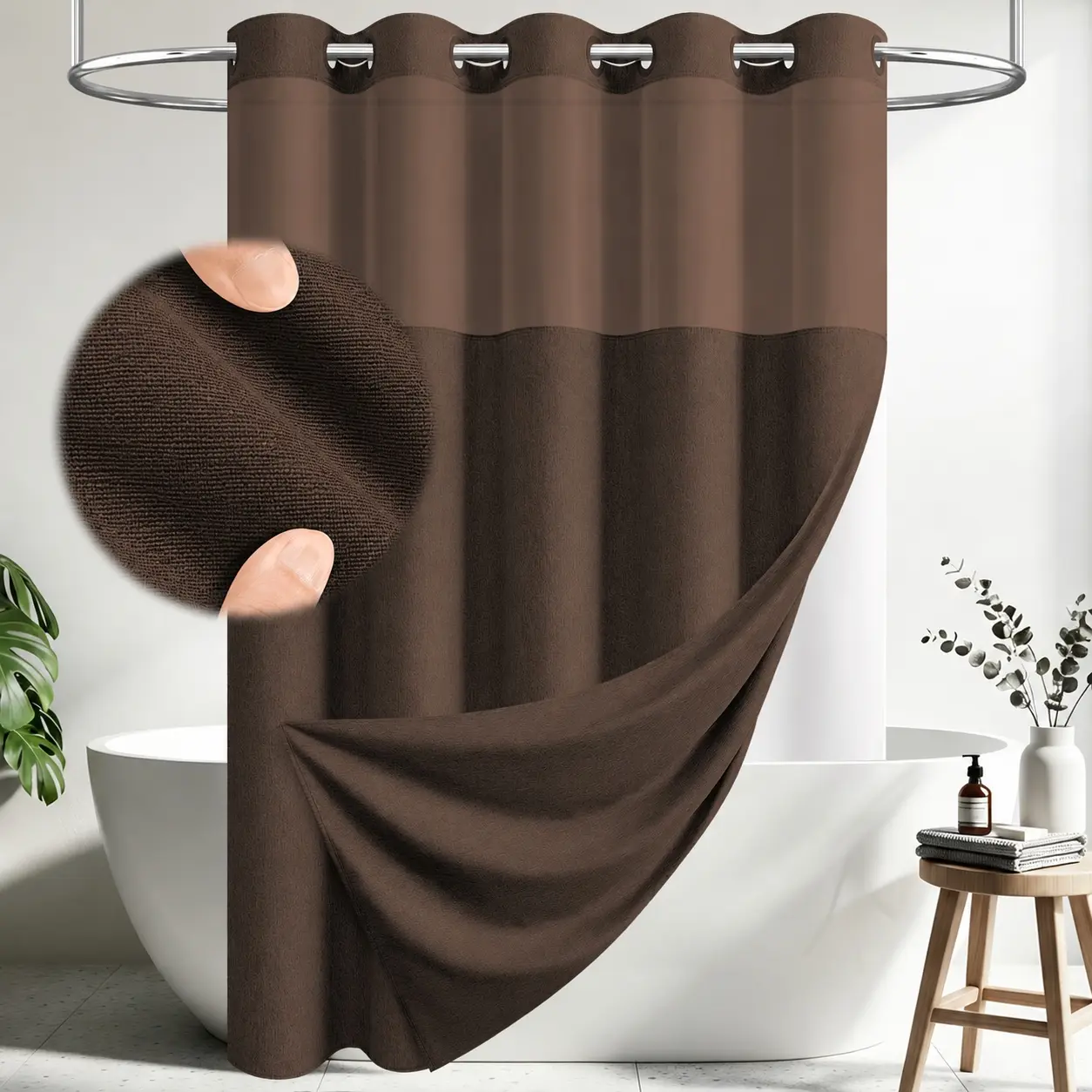 DYNAMENE  No Hook Faux-Linen Polyester Shower Curtain Set, 2-Layer with Snap-In Machine Washable Water-Resistant Liner, Mesh Window & Weighted Magnets, for Home, Bathroom, and RV Use