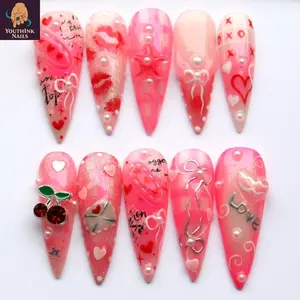Pink Heart Kiss Valentine Press On Nails, Handmade 3D Gel Nail Art with Pearls Bow Cherry Star Details, Glossy Reusable Nails, Romantic Cute Design, Custom Size Gift Idea