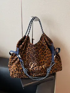 Classic and retro leopard print tote bag, Vintage Trendy Tote, embroidered letter design, drawstring buckle decoration, contrasting woven shoulder strap, large storage capacity, can accommodate tablets, personal items, Shoulder Tote Hobo
