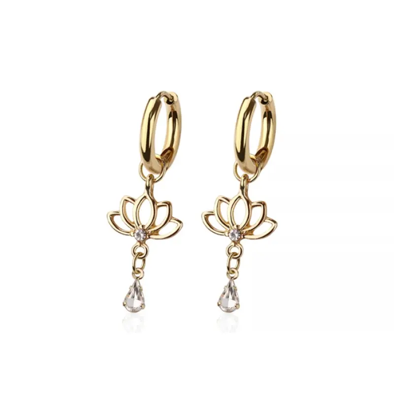 CZ Crystal Lotus Flower Dangling Huggie Hoop Earrings - Pair - 316L Stainless Steel