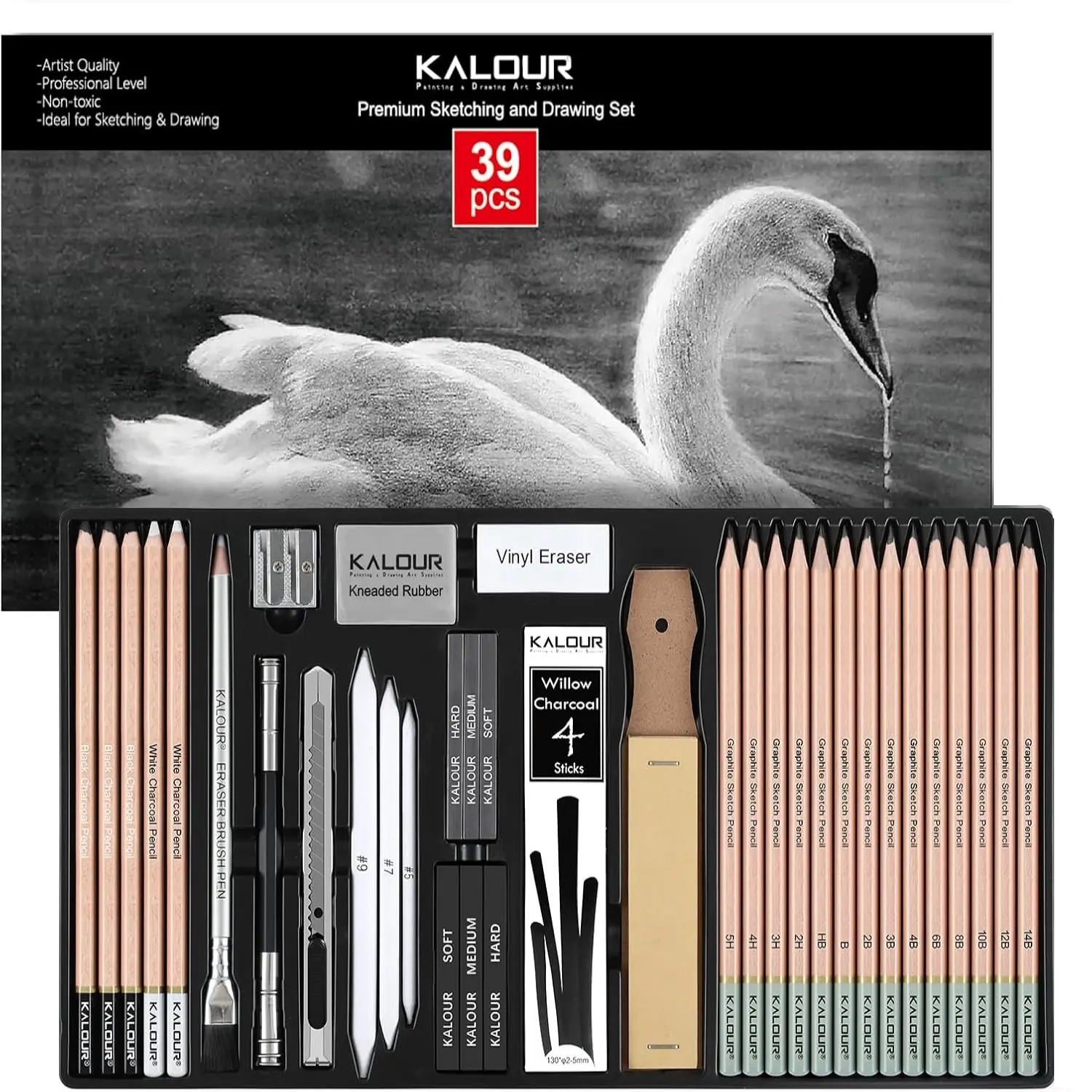 39Pcs Drawing Pencil Set, Professional Sketch Pencils (5H-14B), Black and White Charcoal Pencils for Sketching, Eraser Brush Pen, Charcoal Sticks, Art Pencils Set for Artists & Beginners, Art Drawing Supplies, Art Supply, Art Materials, Art Sets