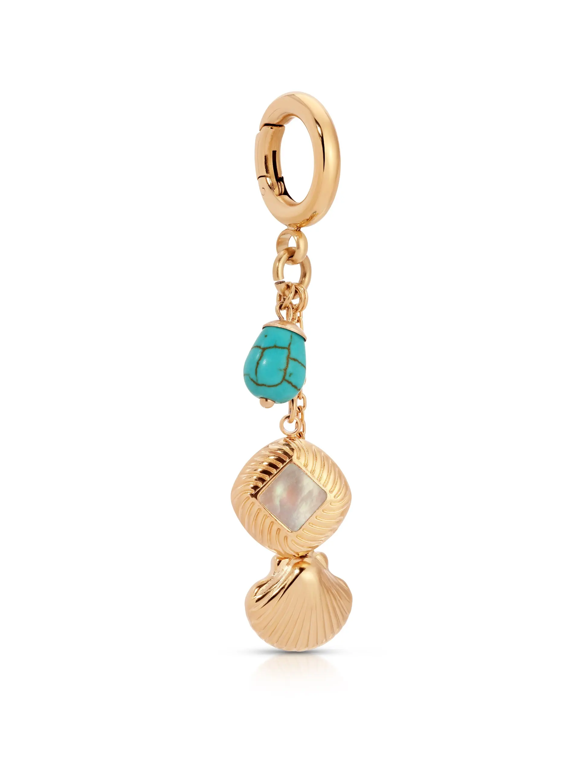 Ettika Golden Shore Bikini Charm Waterproof Stainless Steel 18k Gold Plated with Mother of Pearl & Turquoise Bead 2.81 Inches Length Gold Pendant Gold Statement Chain