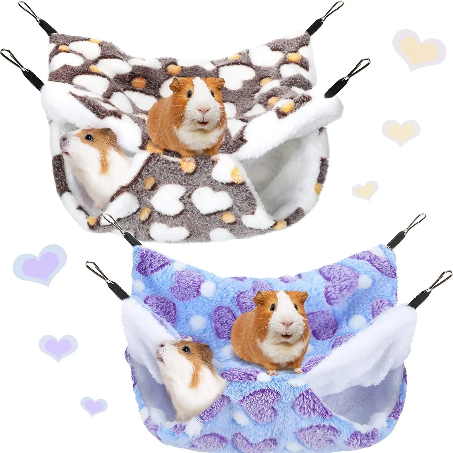2 Pcs Guinea Pig Rat Hammock Hamster Hanging Hammock/ Accessories for Small Animals Chinchilla Parrot Sugar Glider Ferret (Purple, Coffee Color, Heart Pattern)