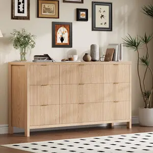9-Drawer Farmhouse Fluted Sideboard Cabinet, Slim Wood Dresser Storage Organizer for Bedroom, Living Room