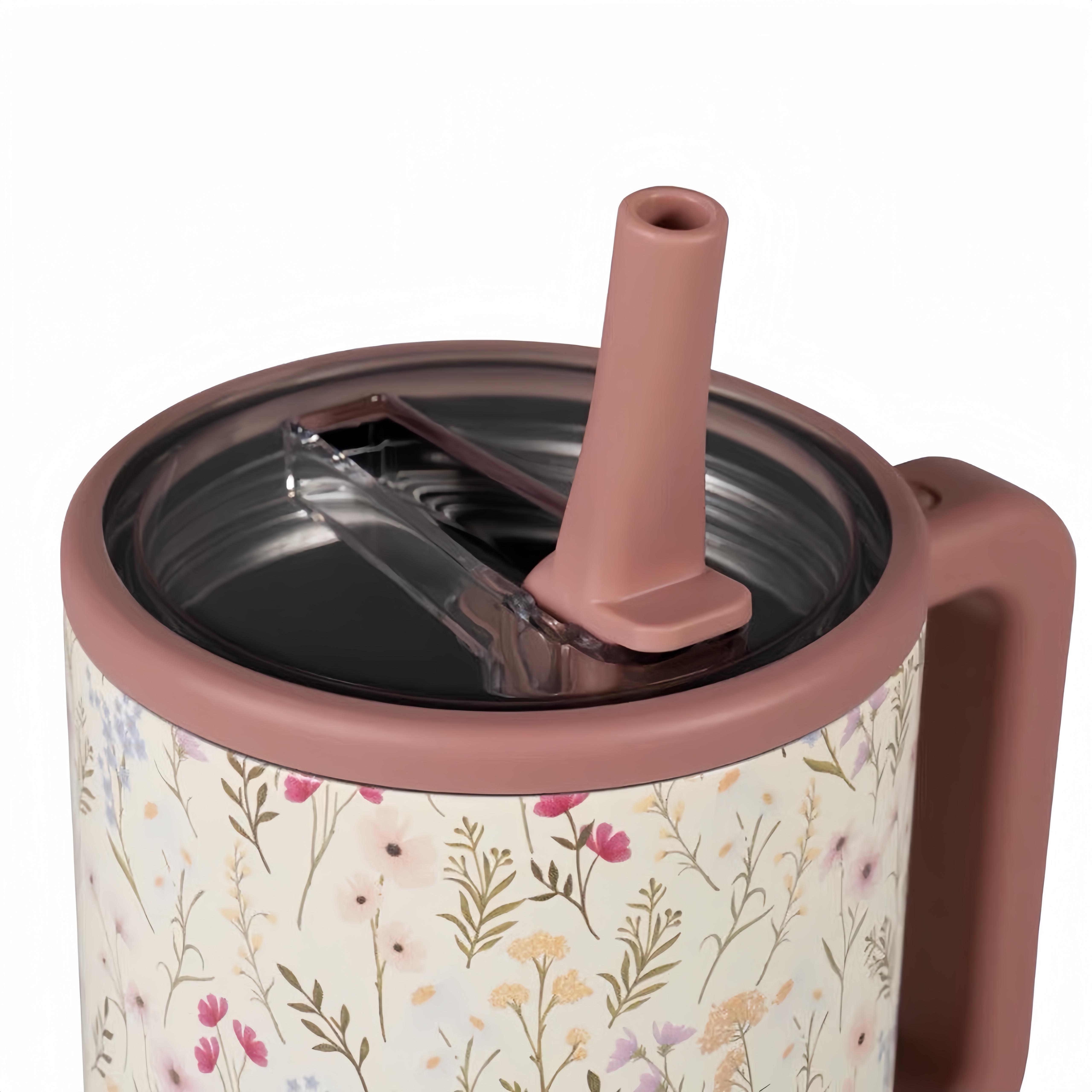 HydroJug Traveler 40oz Tapered Stainless Steel Thermal Insulated Vacuum Flask - Casual Commute Use, Silicone Handle, Leakproof Flip Lid Straw, Soft-Tone Floral Wildflower Design, Reusable Car Cup Holder-Fit School Drinkware
