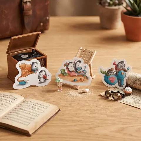 Pringle & Finn (The Pengrooms) Silk-Screened Novelty Mini Scene Stickers Set, Cute Cartoon Animal Vinyl Decor for Scrapbooking, DIY Projects, Beach Casing & Smartphone/Cellphone Device Protection