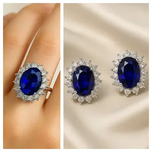 Royal Sapphire Ring & Earrings, Princess Diana Inspired Engagement Ring, 925 Sterling Silver, Blue Sapphire and Diamond Halo Ring
