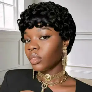 OPQHAIR Pixie Cut Wigs for Black Women Brazilian Virgin Curly Wave Human Hair Glueless Short Layered Pixie Cut Curly Wigs With Bangs Natural Black Color for Daily Use