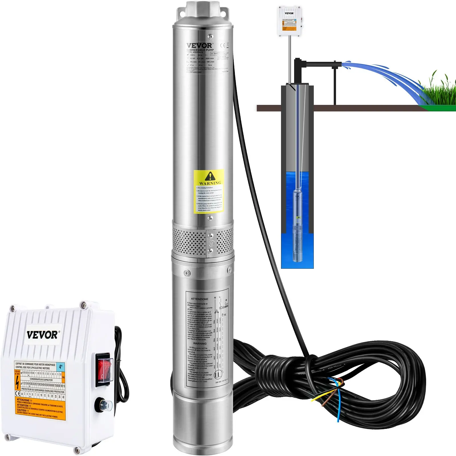 【Summerfinds】VEVOR 3 HP Efficient High Capacity Stainless Steel Deep Well Submersible Pump, 4-Inch, 230V/60Hz, 37GPM 640ft Head, 33ft Cord, External Control Box, 18-Stage Thermoplastic Impellers, 1-1/4" NPT, IP68 Rating, for Industrial Users, Irrigation