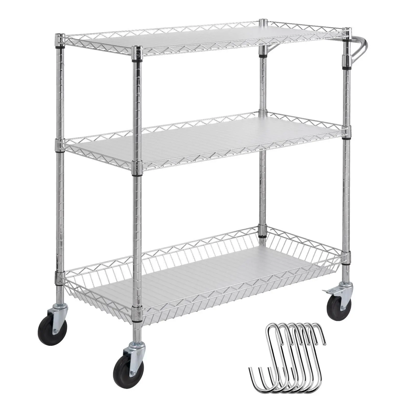 VEVOR Durable Steel Kitchen Utility Cart - 3-Tier Wire Rolling Steel Cart with 661LBS Capacity, 80mm Basket, Curved Handle, PP Liner, 6 Hooks, Noise-Avoiding Wheels, Easy Installation, Shelf Storage Trolley for Indoor Use#SohoChic