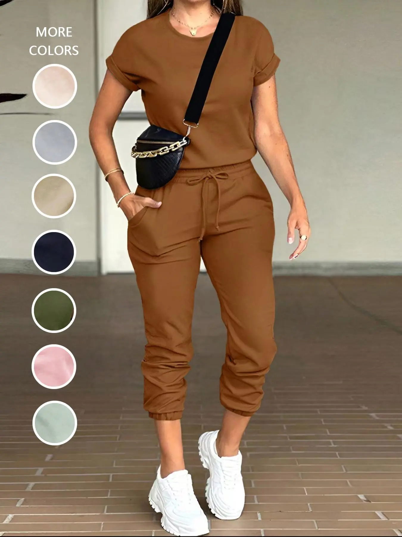 Two-piece Set Women's Basic Solid Color Short Sleeve Fitted Tee & Drawstring Waist Pants, Matching Clothing Set Casual Fashion Set Round Neck T-shirt & Pocket Trousers for Daily Wear, Ladies Clothes for All Seasons