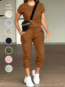 Two-piece Set Women's Basic Solid Color Short Sleeve Fitted Tee & Drawstring Waist Pants, Casual Fashion Set Round Neck T-shirt & Pocket Trousers for Daily Wear, Ladies Clothes for All Seasons