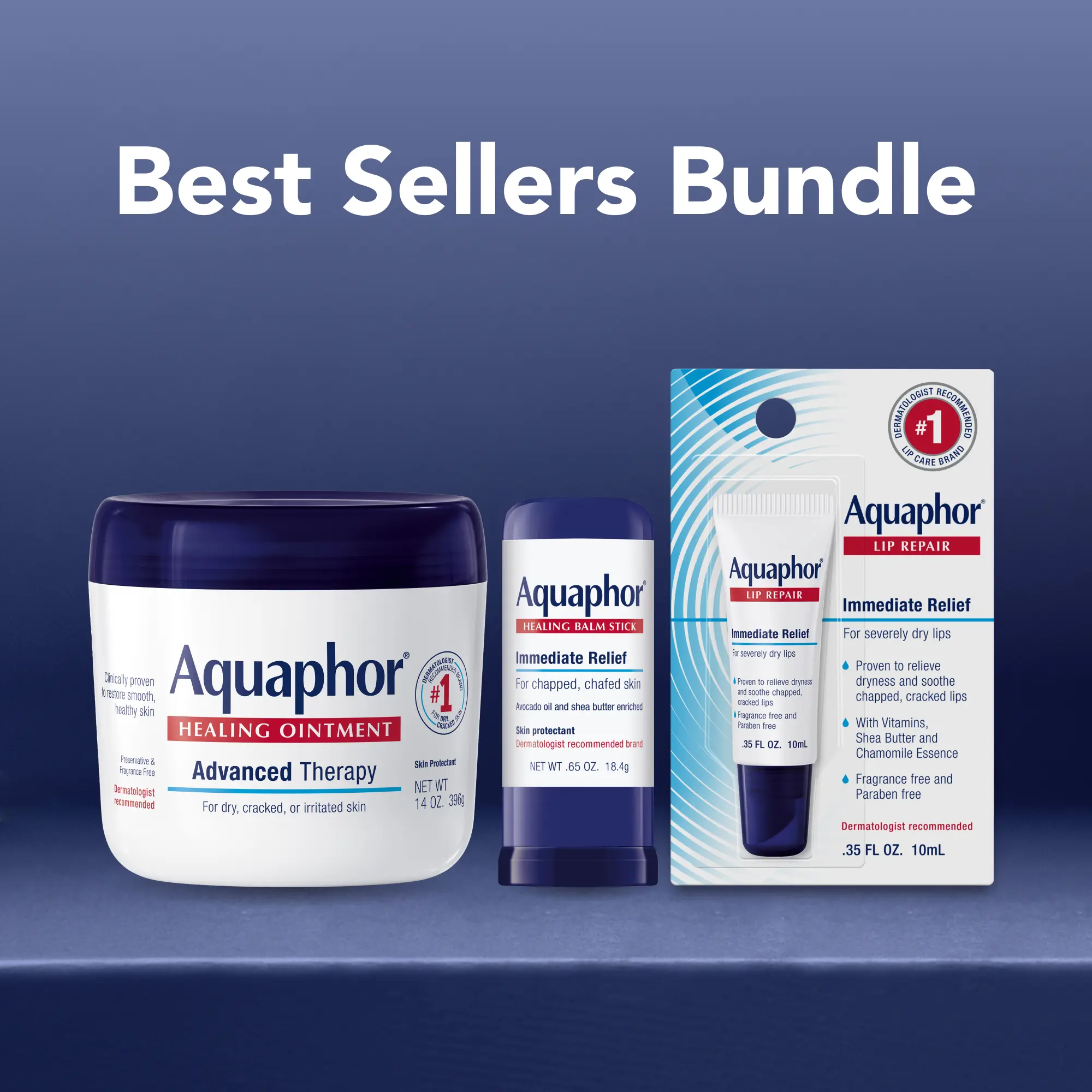 Bestsellers Bundle : Aquaphor Healing Ointment Advanced Therapy Skin Protectant, Dry Skin Body Moisturizer 14 Oz Jar,  Aquaphor Healing Balm Stick, Skin Protectant 0.65 Oz Stick and Aquaphor® Lip Repair .35 fl. oz. Carded Pack